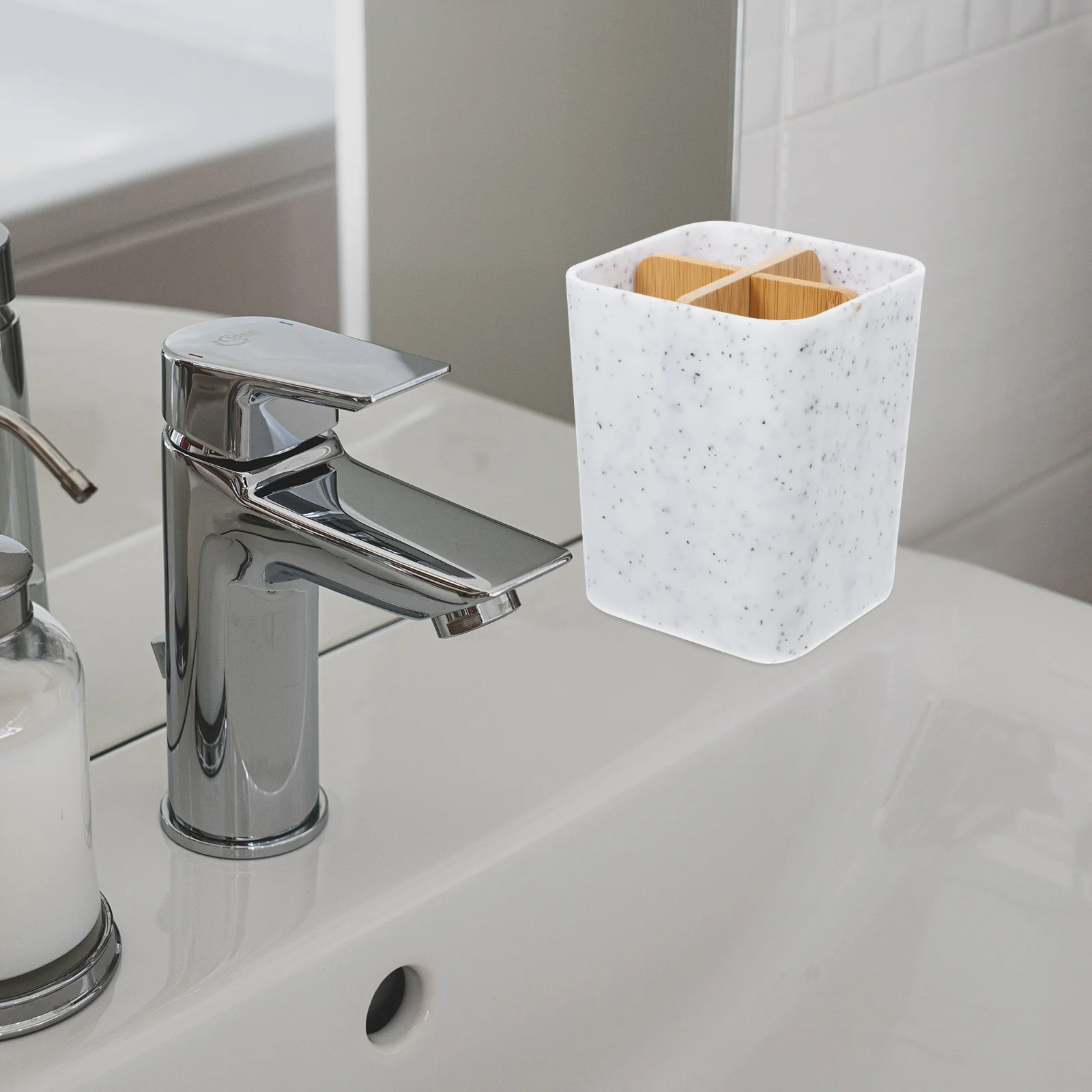 

Toothbrush Holder Marble Pattern Four Grid Bathroom Organizer PP Bamboo Stylish Home Decor Storage Solution