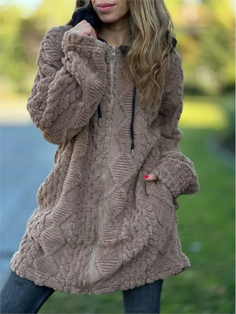 2025 Otoño Invierno nueva mujer Casual Sudadera con capucha Color sólido peludo cremallera abrigos de manga larga para mujer moda bolsillo chaqueta abrigo