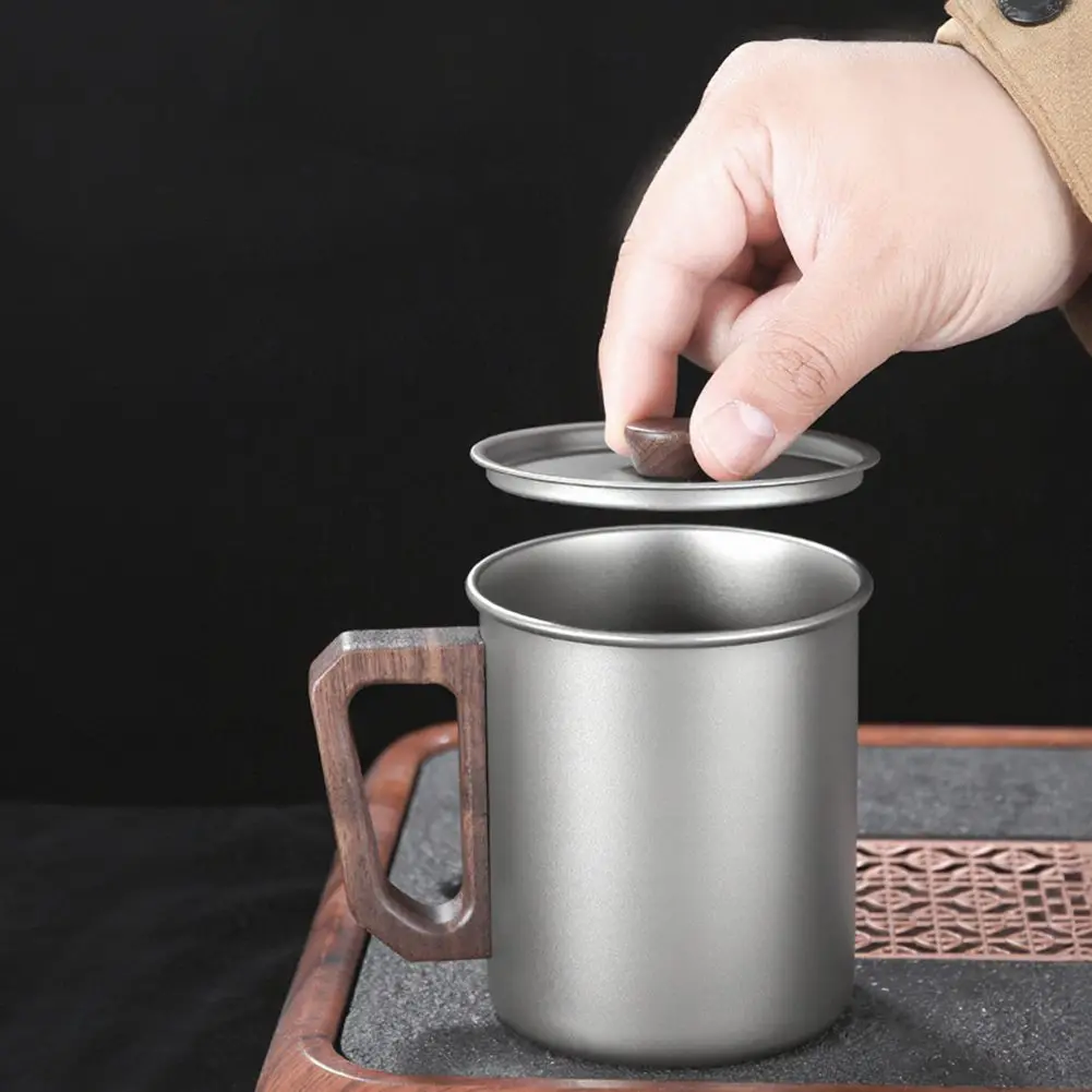 Titanium Outdoor Mug 450ml With Heat Insulating Wooden Handle Rust Free For Backpacking Picnics And Travel