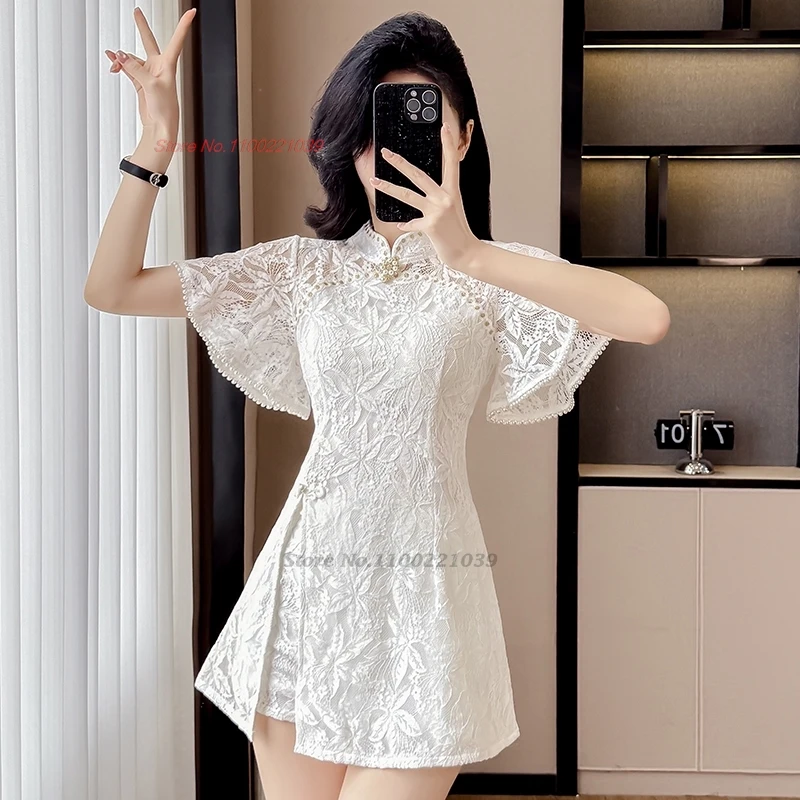 2025 chinês sexy qipao melhorado cheongsam vestido + shorts rendas flor boate vestido qipao hotel spa trabalho vestido uniforme de beleza