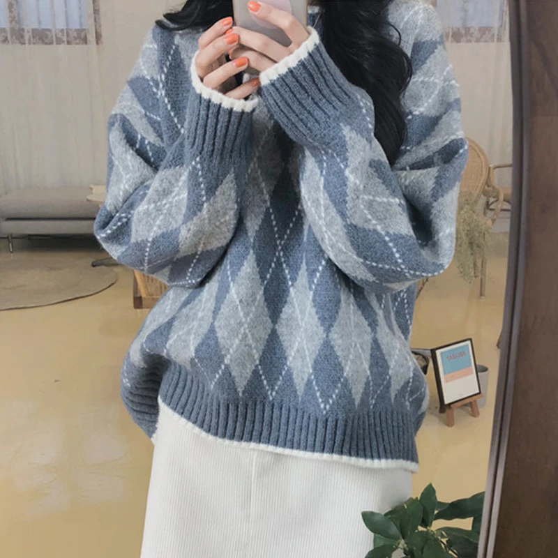 

Свободный пуловер с круглым вырезом, модный свитер Argyle, осенний женский вязаный топ, элегантный зимний клетчатый джемпер с длинными рукавами, повседневный трикотаж