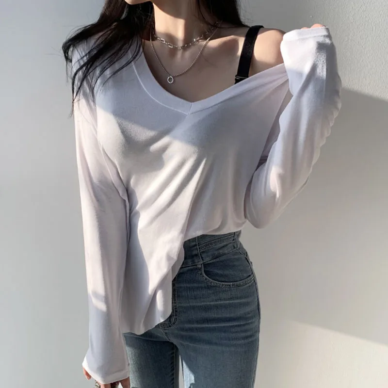

Low V-neck Soft Loose Pure Color T-shirt Women's Summer QZ101 Sexy Clavicle Line Korean Style Commute Cotton Long Sleeve
