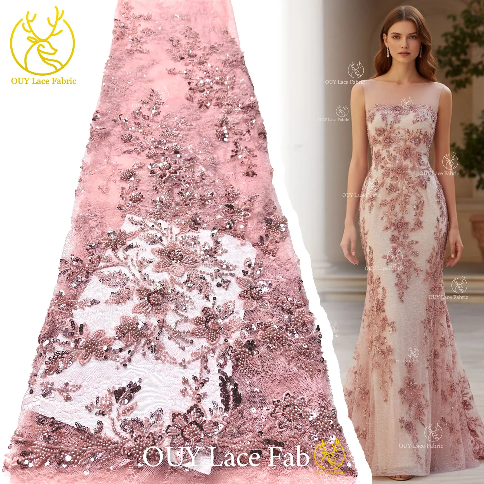 

2026 Elegant African Beaded Groom Embroidered Lace Fabric 5 yards Nigerian French Sequin Lace Fabric for Wedding Dress Sewing