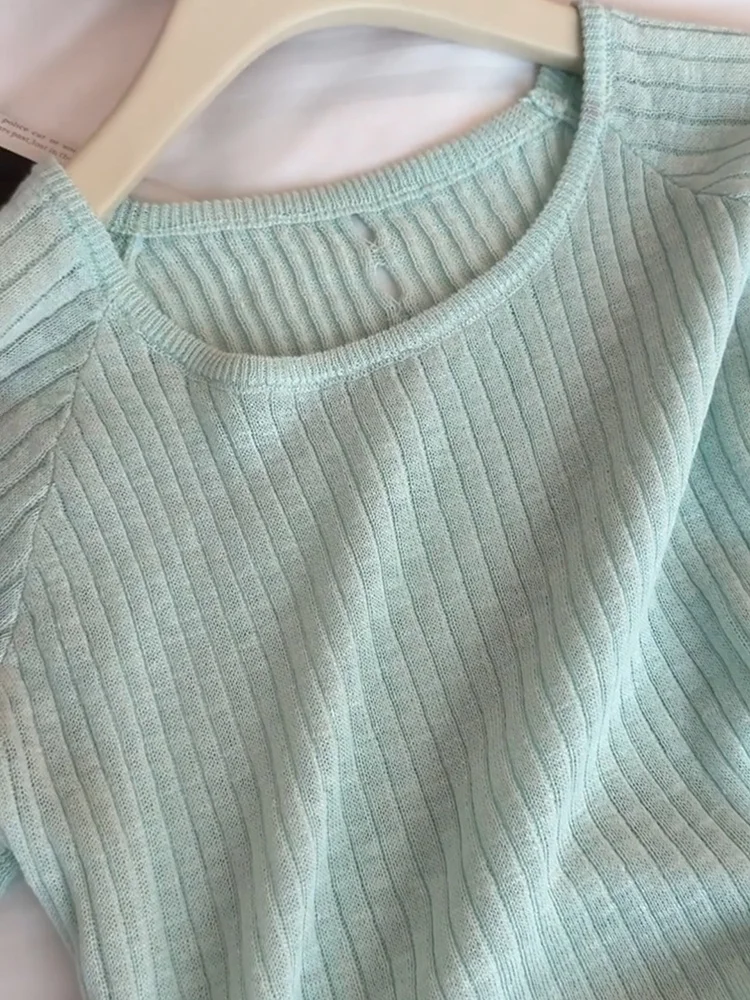 

Slimming Mint een ort Sve Knitted Top Soft And Comfortable Spring Summer Versatile White Enhancing Korean Sle Loose Fit