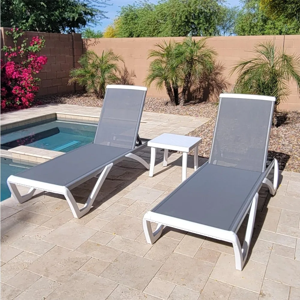 

outdoor living Outdoor Chaise Lounge - Adjustable Aluminum Patio Lounge,Plastic Pool Lounge Chair (2 Grey Lounges W/Table)