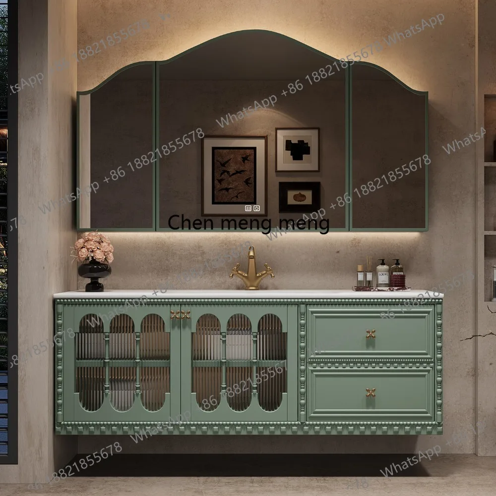 

French retro bathroom cabinet combination oak rock slab hot bending integrated washbasin cabinet