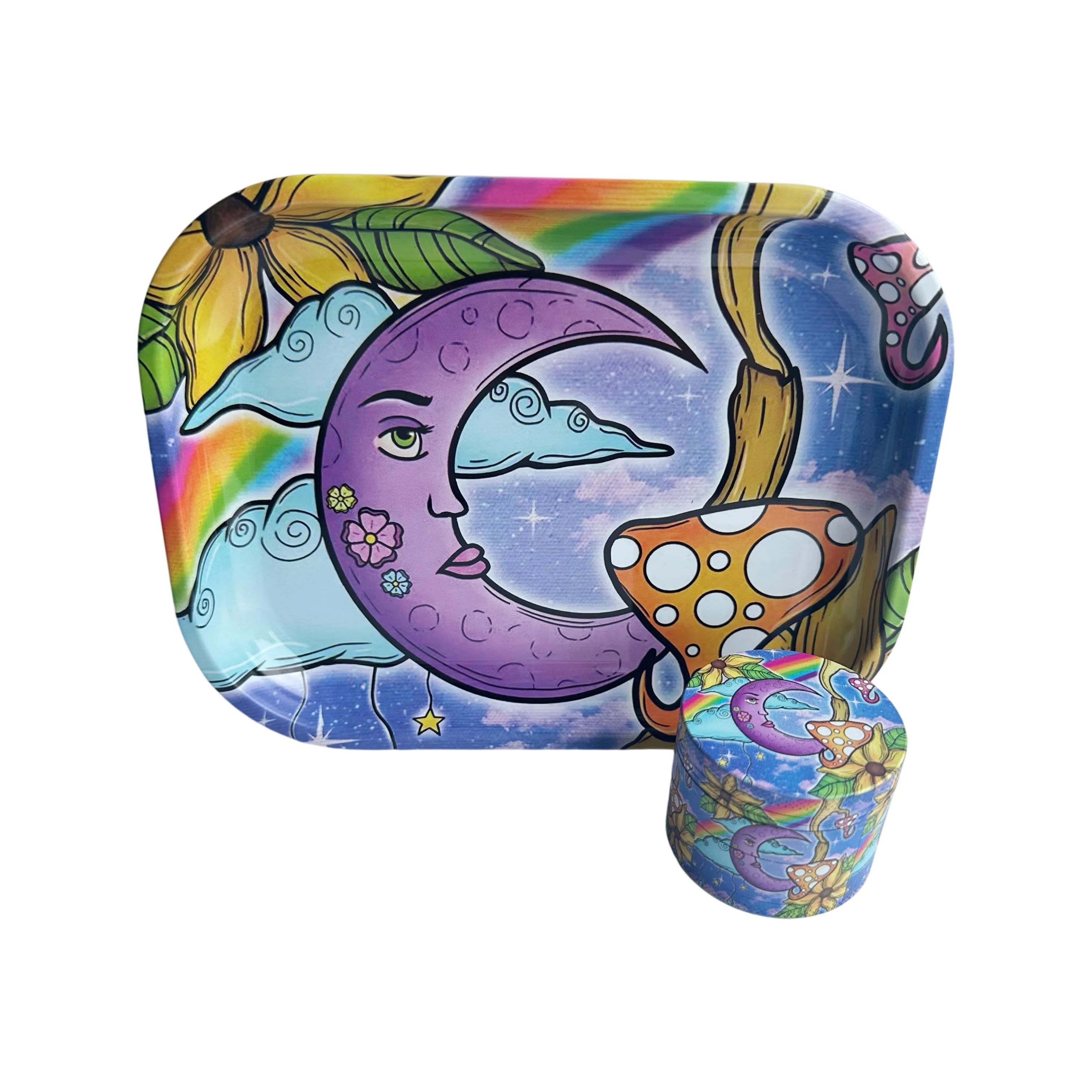 

2 Pieces Mushroom and Moon Metal Rolling Tray and Herb Grinder Smoking Kit