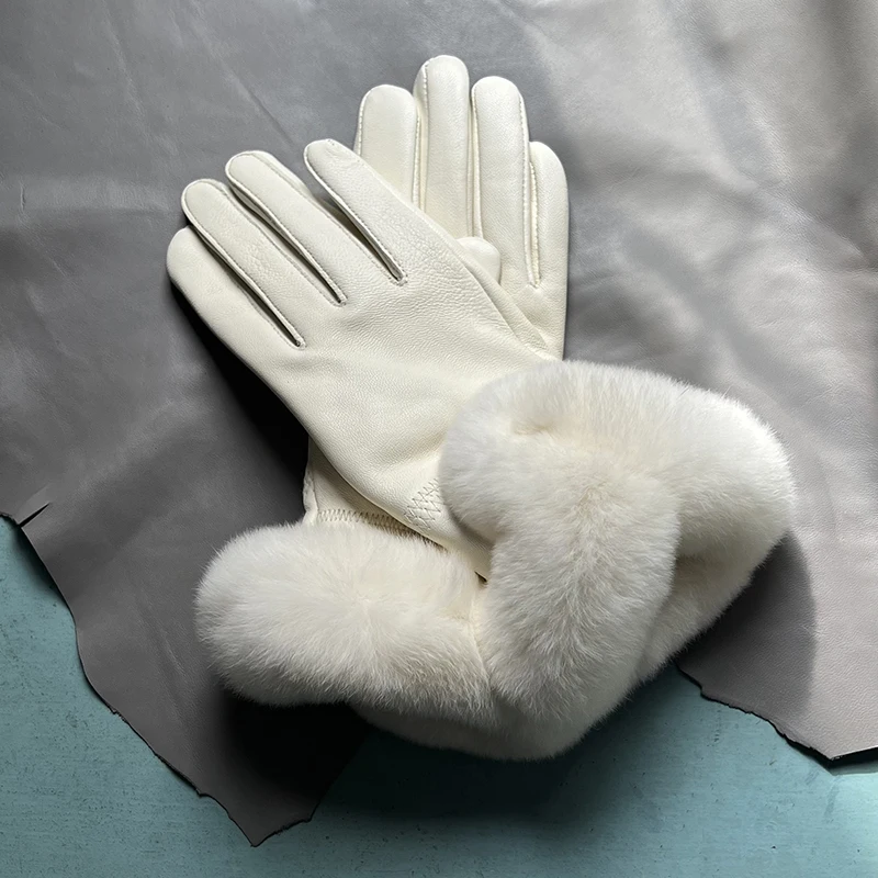 Autumn winter women's genuine leather gloves 100% real rex rabbit fur genuine sheepskin mittens black red blue pink