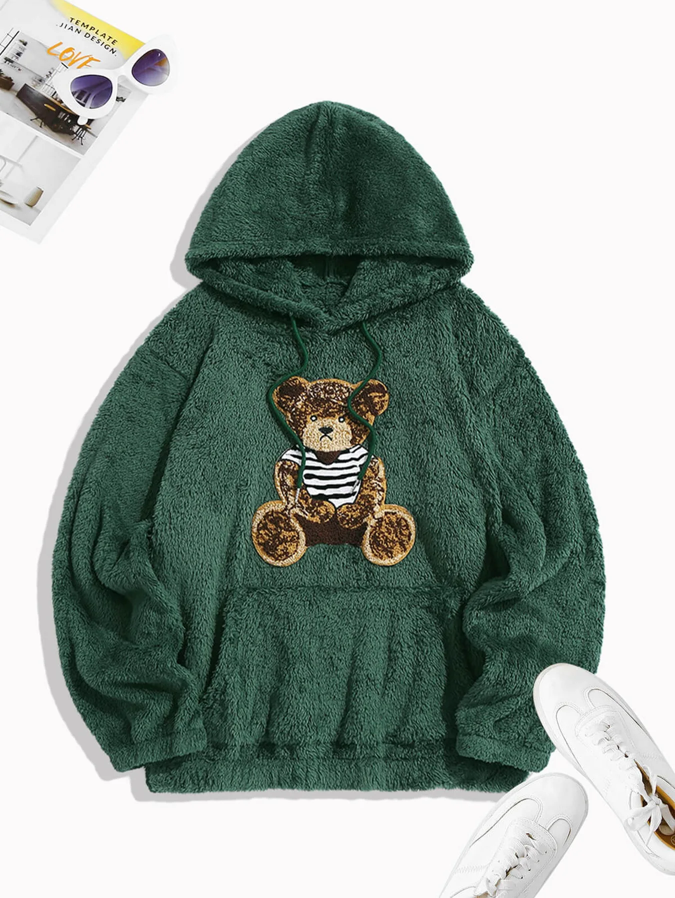 ZAFUL Men\'s Bear Terry Embroidered Pullover Fluffy Faux Fur Teddy Hoodie Men Hoodie Kangaroo Pocket Hoodie Fuzzy Hoodie 2024 New