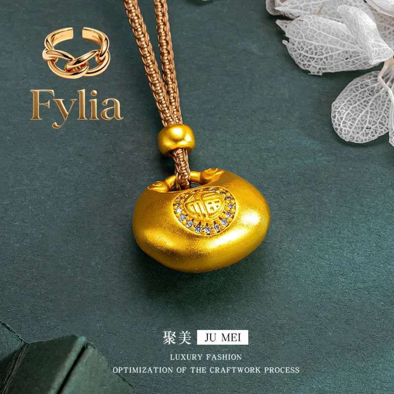 Fylia Jewelry   9999 24K real gold diamond inlaid with fat Fufu characters small gold lump lock bag pendant tie rope necklace sw