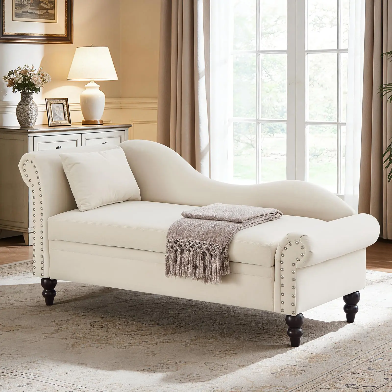Chaise Lounge Indoor with Storage, Left Arm Facing Upholstered Velvet Lounge Chair with Nailhead Trim & Rolled