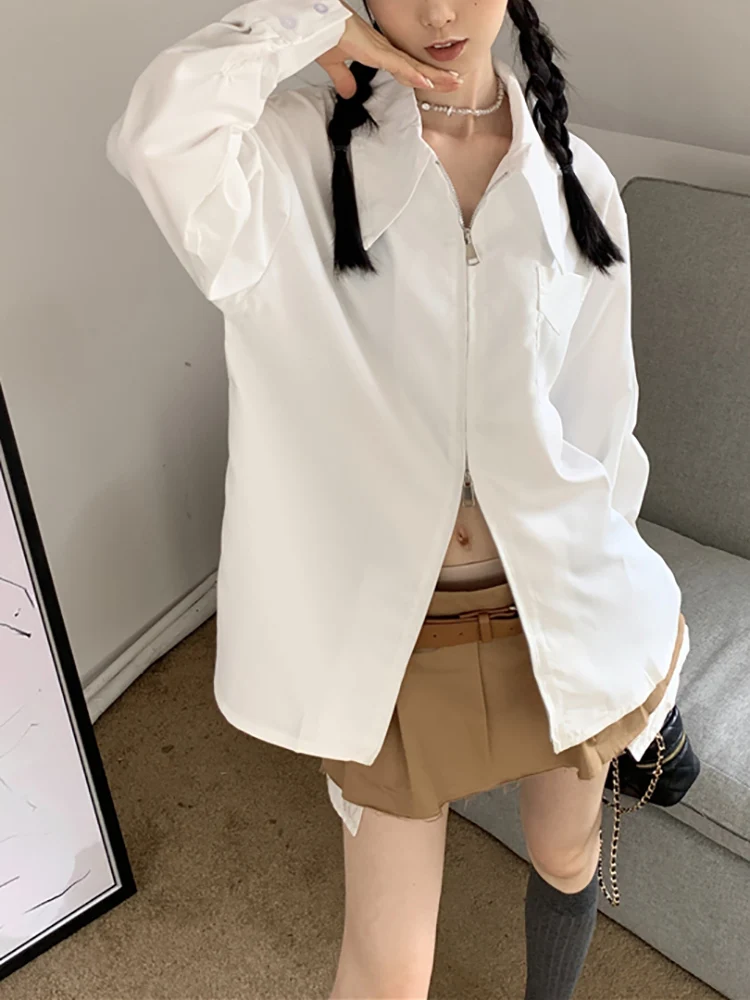 

2022 New White Shirt Elegant Blouses for Women Long Sleeve Shirt Mid-length Shirt Coat Women Loose Zipper Coats Top