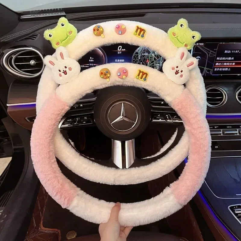 Cartoon Sanrioed Kuromi Plush Doll Car Steering Wheel Cover Kawaii Auto Interior Decoration Accessories Car Protective Cover