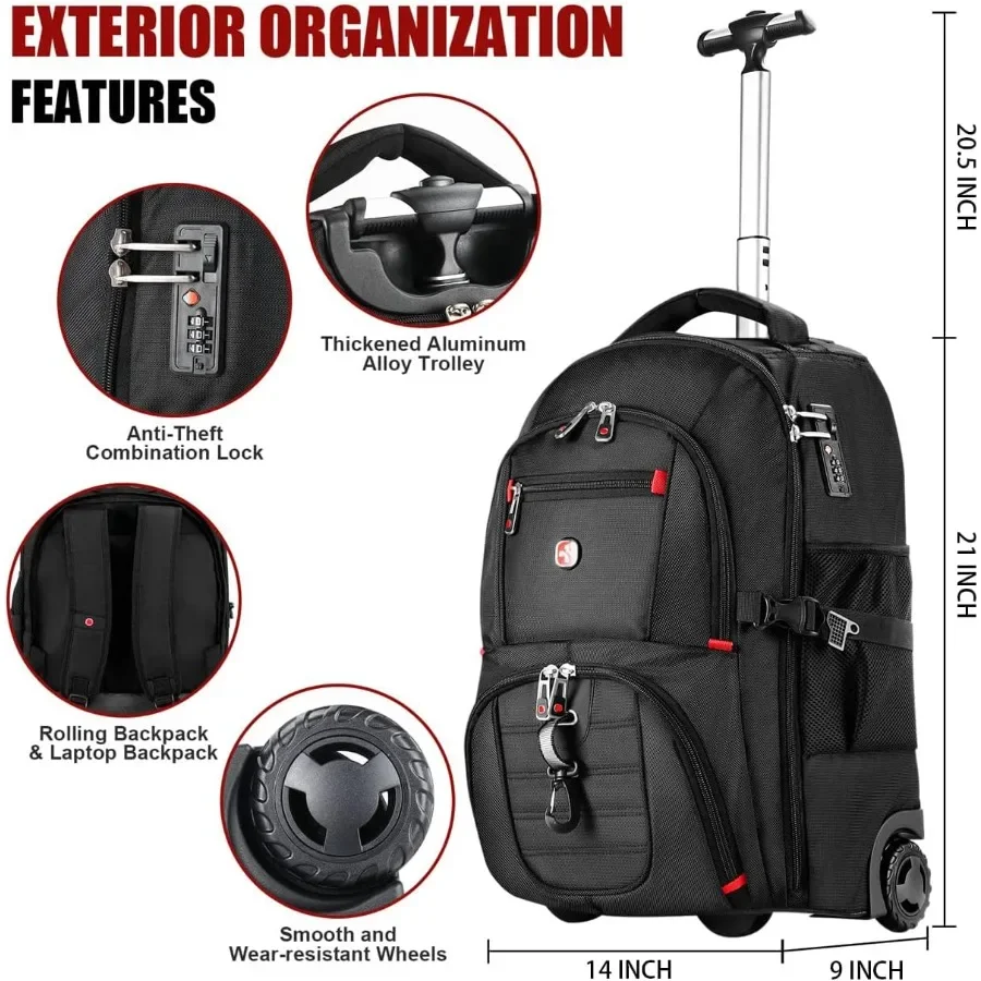 حقيبة ظهر متدحرجة مقاس 21 × 14 × 9 بعجلات - مقاومة للماء مقاس 17.3 بوصة للكمبيوتر المحمول مثالية للسفر طوال الليل #4