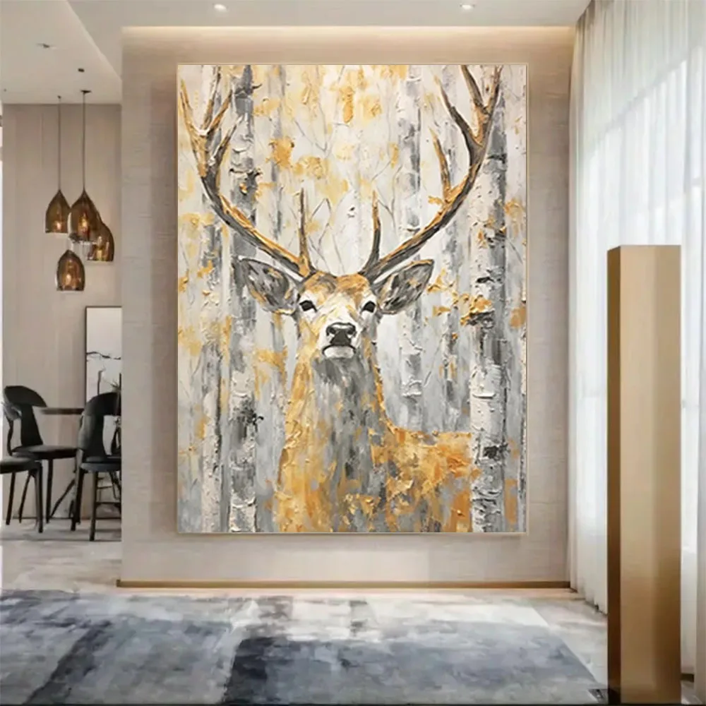 100% Hand-Painted reindeer Oil Painting On Canvas Abstract Golden Animal Wall Art Picture big animal mural for home Decor paint