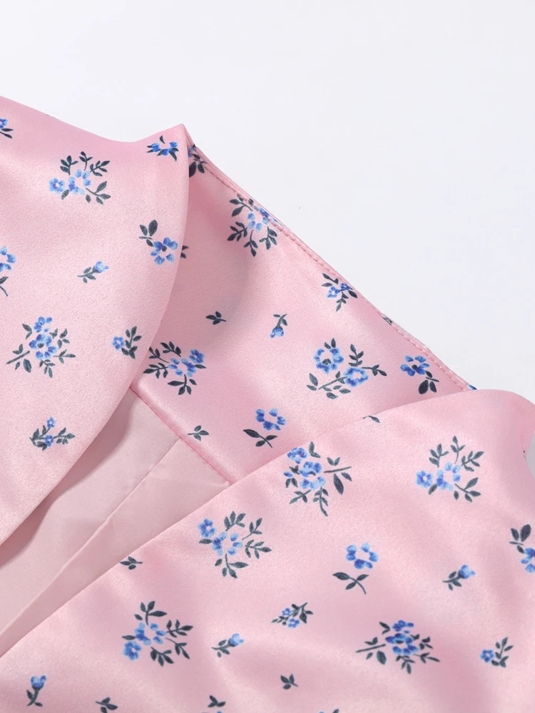 Bedruckte Kurzarm-Jacke mit Taillenschnürung für Damen, Eleganter Stehkragen, Einreihig mit Rüschen, Schlanke Passform, Neue Oberbekleidung – Detail 6