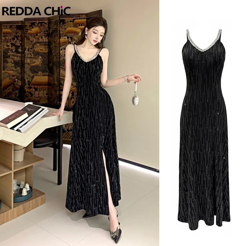 

Элегантное женское платье ReddaChic: черное, с пайетками, V-образным вырезом, разрезом спереди, для коктейльных вечеринок, в стиле ретро
