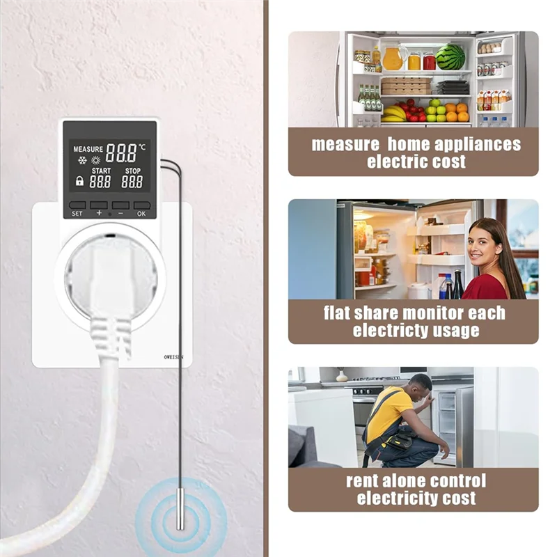 

A36T-Thermostat Socket, Heating Cooling Digital Time With Cable With Waterproof Head, LCD Screen Time Socket Probe EU Plug