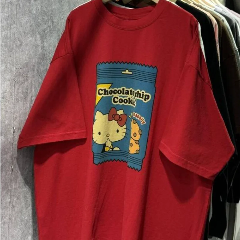 

Футболка Sanrio Hello Kitty с короткими рукавами, женская футболка с мультяшным принтом Kawaii, распродажа, американский стиль, милые летние топы с принтом