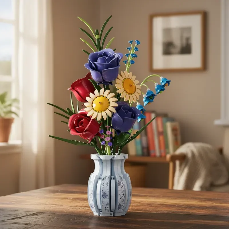

MOC Flower Bouquet Daisy Rose Lily of The Valley with Vase Set DIY Building Block Model Home Decoration Valentine's Day Gifts
