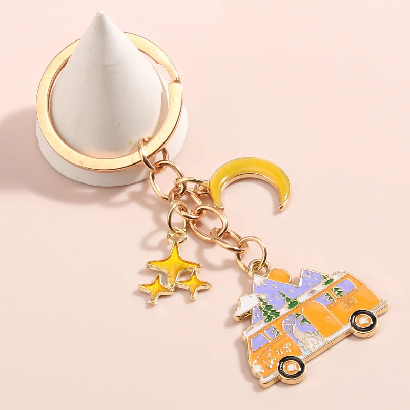 Enamel Keychain Moon Star Sightseeing Bus Key Ring Camping Key Chains For Camper Handmade Jewelry Gifts