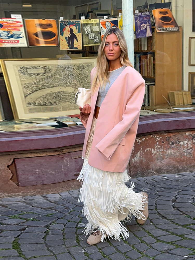 

Oversized Women's Blush Pink Blazer Jacket Long Sleeve Loose Outerwear Fashion 2025 Spring Summer Elegant Streetwear For Woman