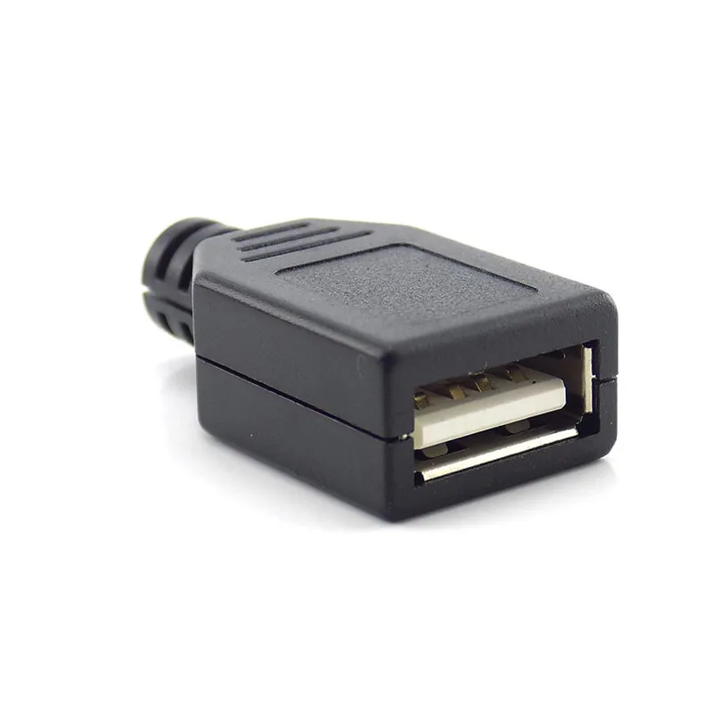 Female USB 2.0 Socket Connector, Black Plastic Cover, Solder Type A, 4 Pin Plug, DIY Connector,3 in 1