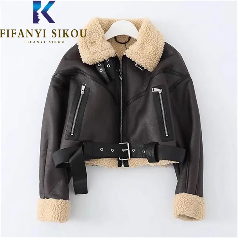 

Short PU Leather Jacket Women Winter Thick Warm Lambswool Coat Belt Zipper Fashion Spliced Motorcycle Faux Leather Jacket Female