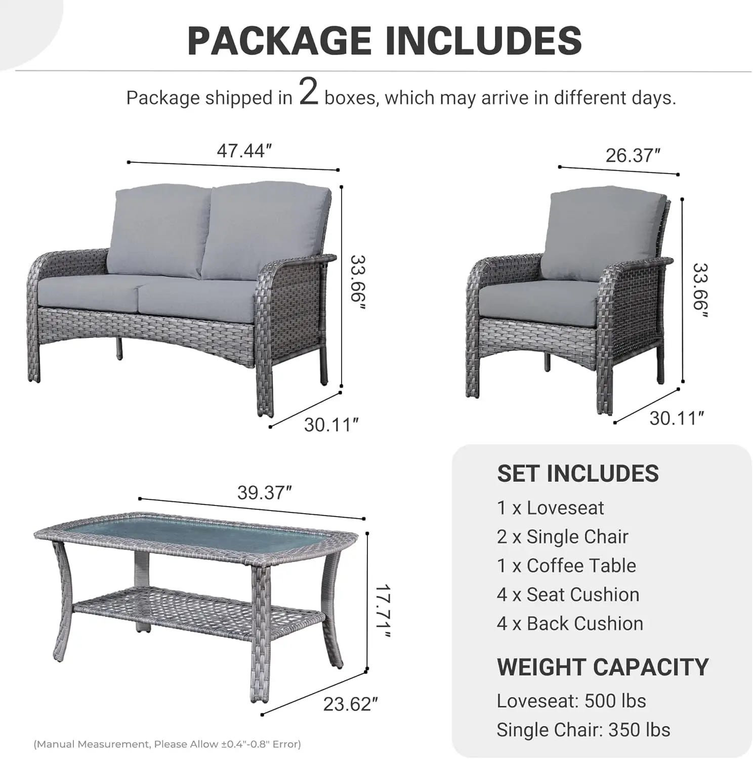 4 Pieces Patio Furniture Set, Outdoor Wicker Sofa with Coffee Table, Chairs, All Weather High Back Rattan Loveseat Couch