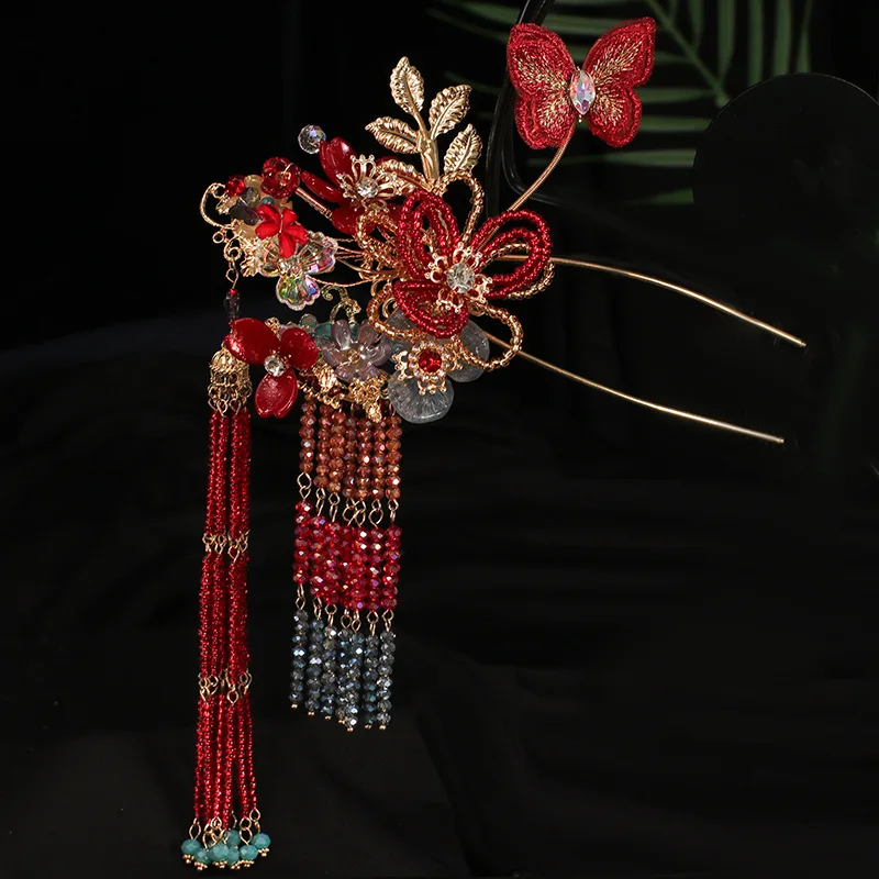 Bridal Xiuhe Dress Headdress Chinese Red Colored Glaze Flower Ancient Style Elegant High-Grade and Gown Hair Accessories