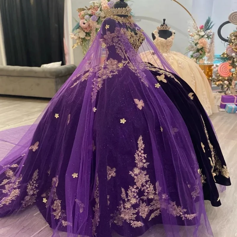 

Саудовские фиолетовые платья Quinceanera с накидкой, принцесса, кружевной корсет с аппликацией, женское платье для выпускного вечера на 15 лет, для девочек, нарядное платье 16