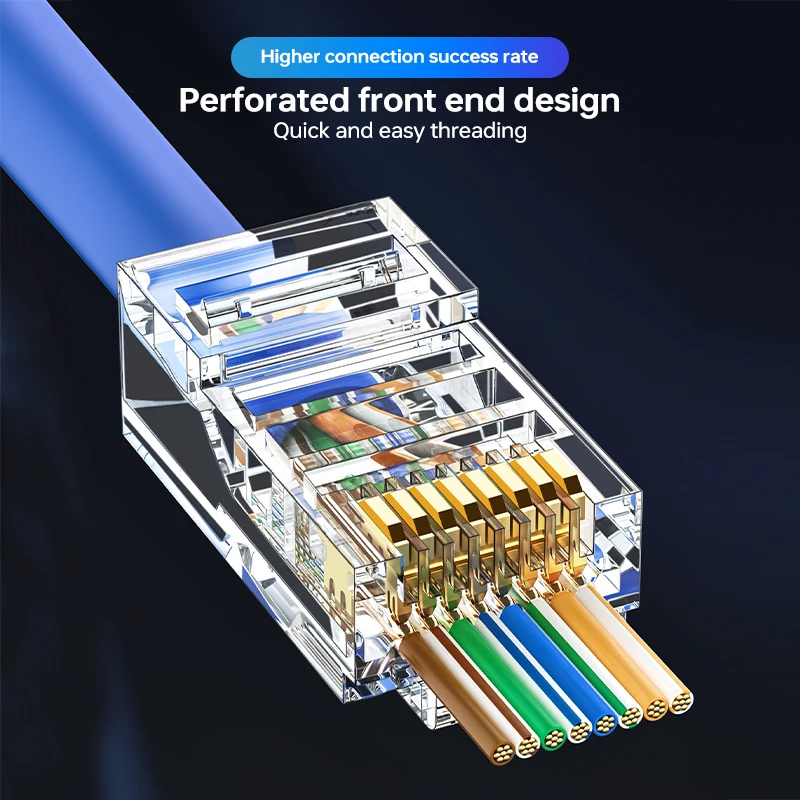 Cncob Cat5e Pass Through Connector 50PCS  RJ45 Plug Front Perforated Design Cat5e Network 8P8C Crystal Head 100pcs