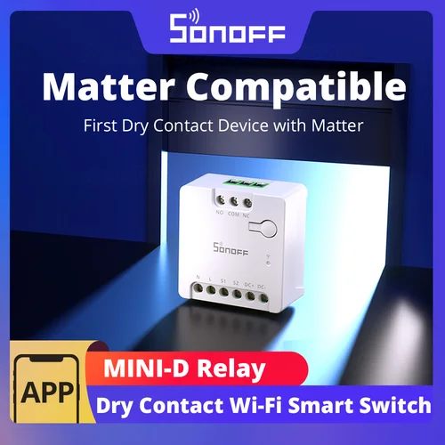 SONOFF MINI-D contacto seco WiFi interruptor inteligente Compatible con Matter entrada AC/DC ESP32 Chip Control de grupo de escena inteligente a través de eWeLink