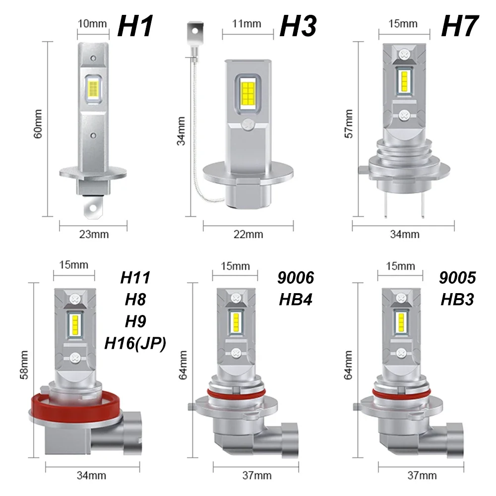 2x H1 H7 H3 HB3 HB4 9006 9005 H11 H8 H9 H16 jp LED Headlights 6000K CSP Fog Lights 1: 1 Fanless Mini 12V Bright Plug and Play