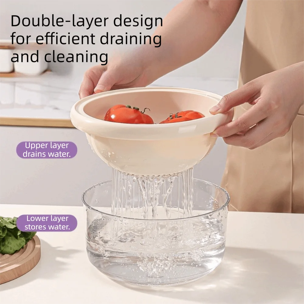 Dopamine Plastic Double-Layer Drain Basket Food Grade with Handle Vegetable Basket Thickened Strainer Bowl Kitchen Storage