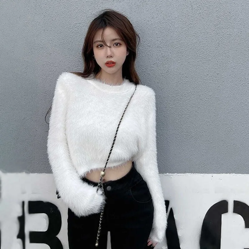 y2k Sweater For Women Sweet Faux Mink Hairy Pullover  O Neck Long Sleeve Loose Short Sweater Lady Casual Soft Warm Jumper