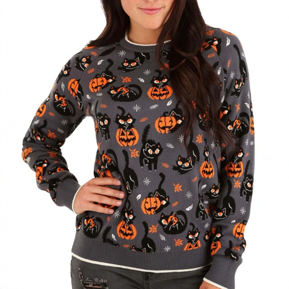 

UNIKTEE Women's Long Sleeve Crew Neck Sweater Casual Fashion Halloween Cat Print Autumn Winter Vacation Top