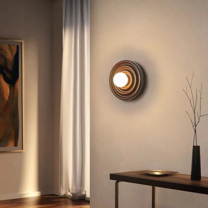 Luz de pared de madera japonesa, lámpara de bola de madera de Fresno circular, decoración de dormitorio, sala de estar, pasillo, lámpara de mesita de noche creativa