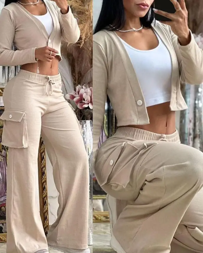 Autumn Women\'s Fashion Suit Deep V-neck Button Long Sleeve Navel Top Drawstring Mid Waist Pocket Wide-Leg Pants Suit Women