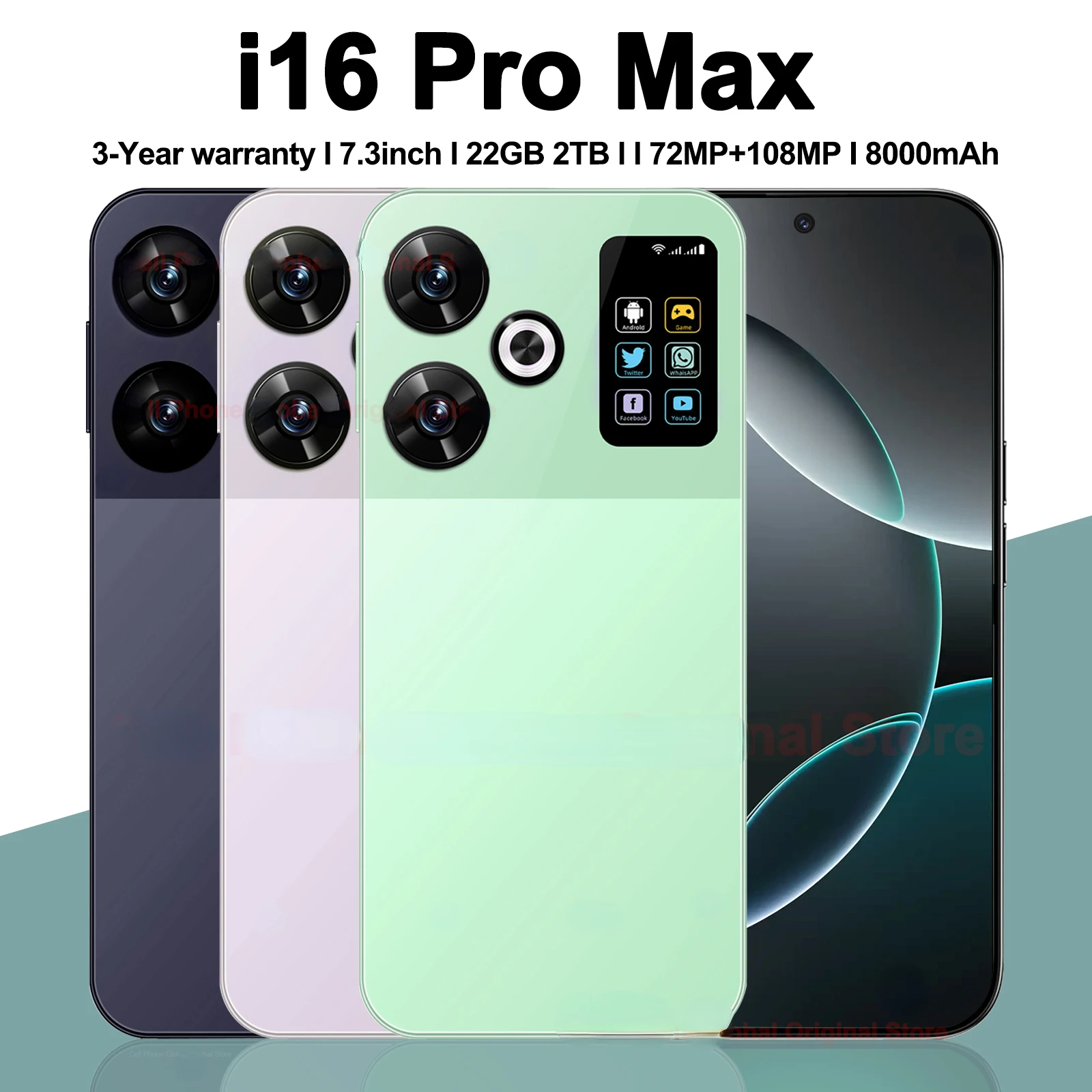 Original I16 Pro Max 5G Smartphone 7.3 Inch Snapdragon 8gen3 22G+2TB Dual SIM 8000mAh Android 14 NFC Smartphone