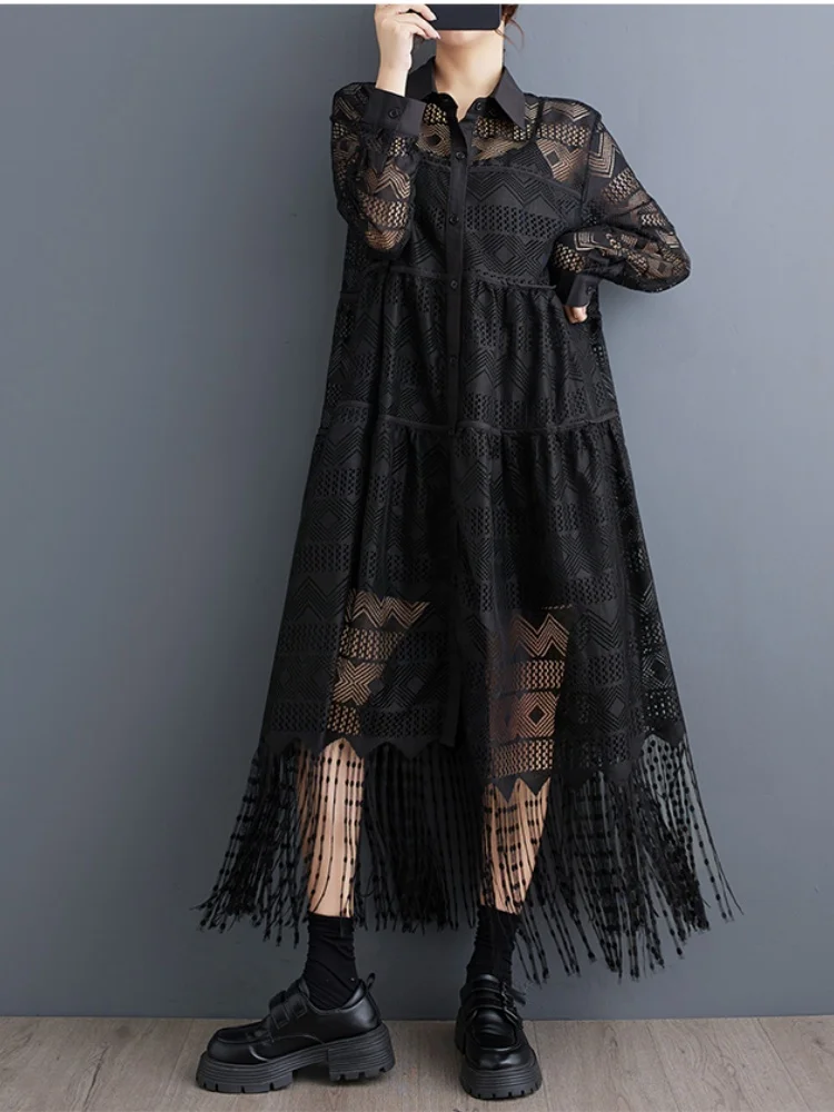 SMTHMA 2023 Nieuwe Lente Herfst Mode Stijl Kant Patchwork Lange Jurk vrouwen Zwart Veelzijdige See Through Losse Shirt Jurken