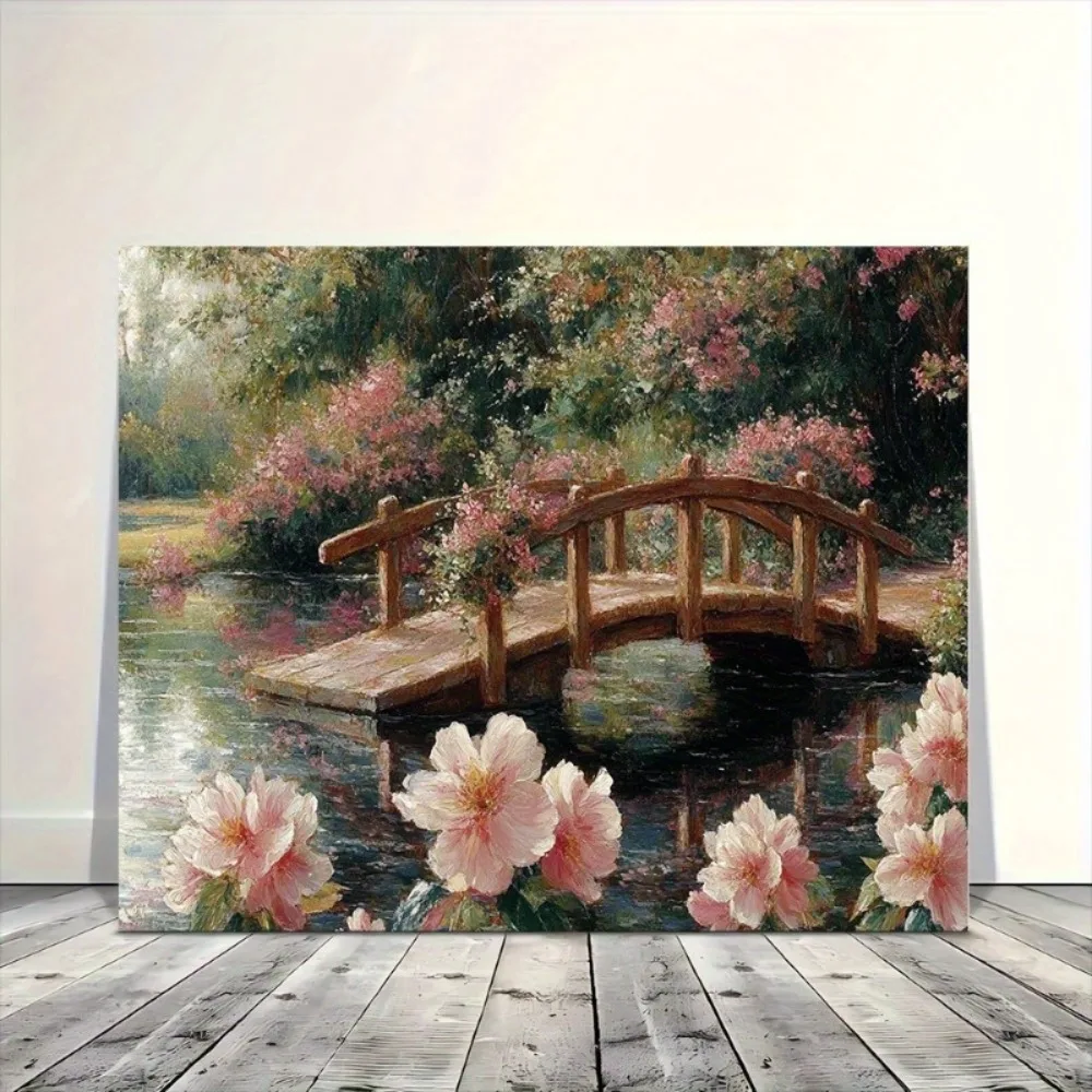 

Classic landscape painting of pink flowers and river bridge scene, multi-room decoration of bedroom, living room and home office