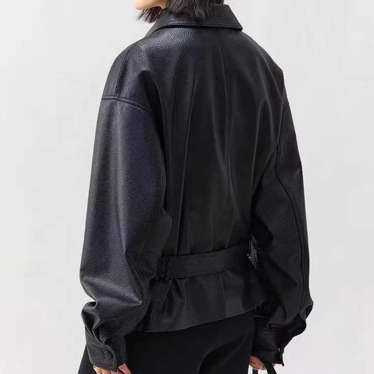 Women's Faux Leather Jacket Lapel Collar Single Breasted With Waist Belt Comfortable Versatile Commuter Casual Daily Wear Jacket