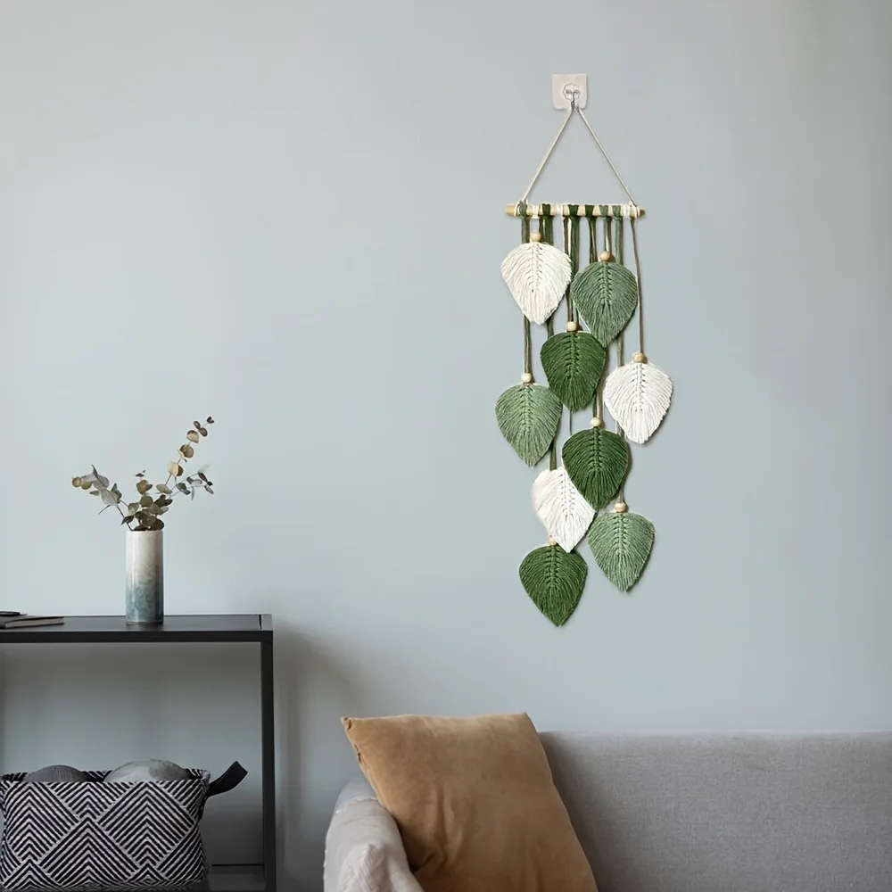 Handwoven Leaf Wall Hanging Tapestry Bedroom Decorative Wall Art Cotton Linen Material Leaf Pattern Home Textile Wall Hanging