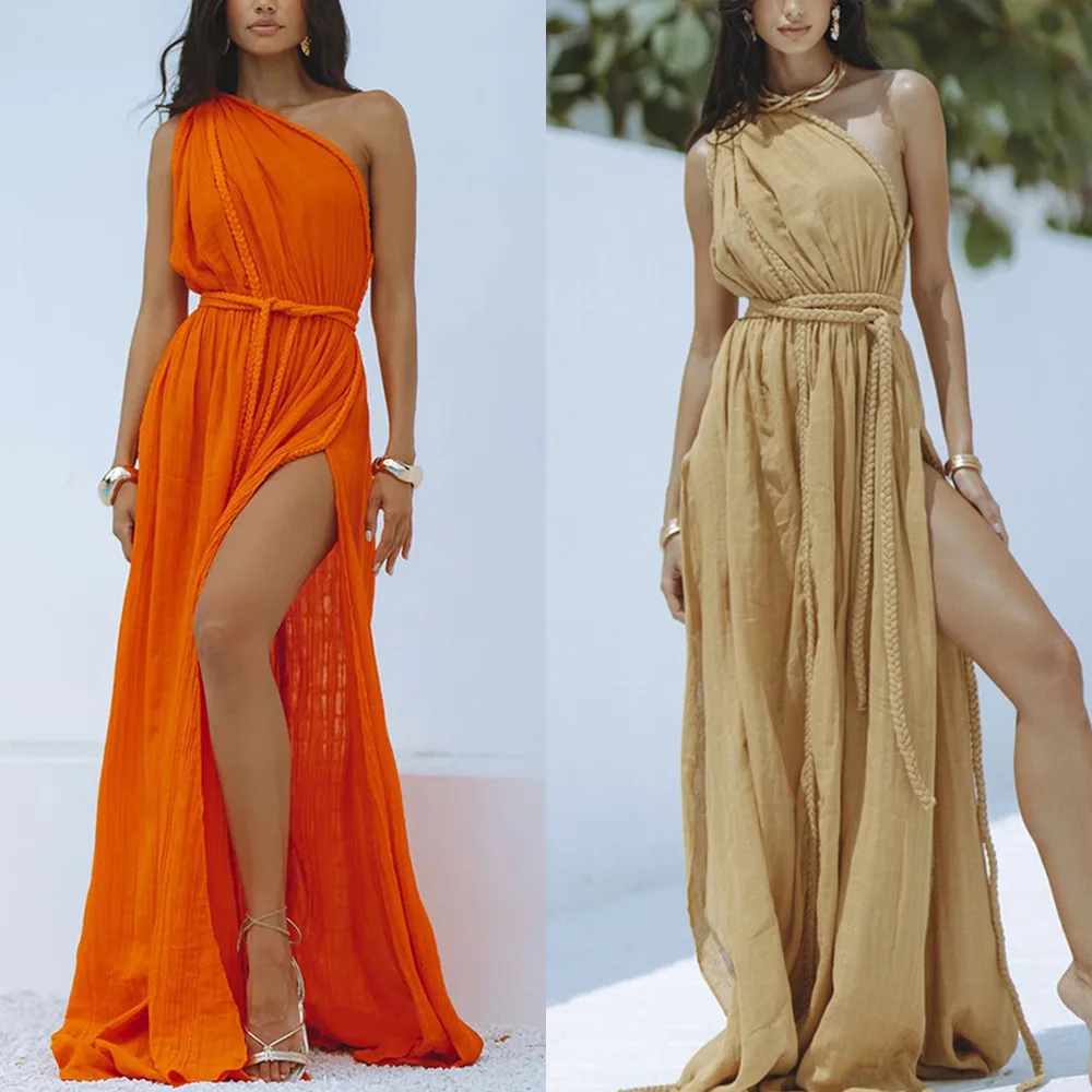 

Floor Length Dress Women Beach Dresses One Shoulder Sleeveless Y2k Vestidos Streetwear Elegant Maxi High Waist Party Summer 2025