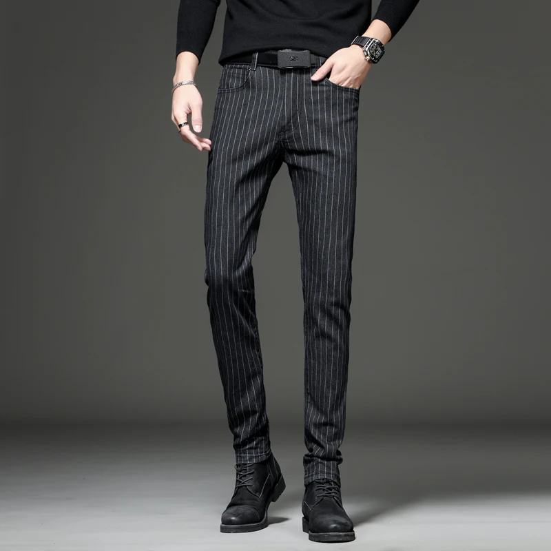 

Высококачественные мужские облегающие джинсы в полоску, эластичные длинные брюки, корейские модные утягивающие повседневные молодежные брюки