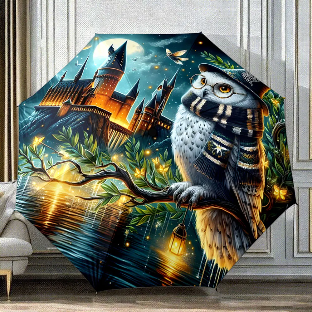 Magical Owl with Scarf in Moonlit Castle Scene portable waterproof sun rain umbrella for outdoor travel beach