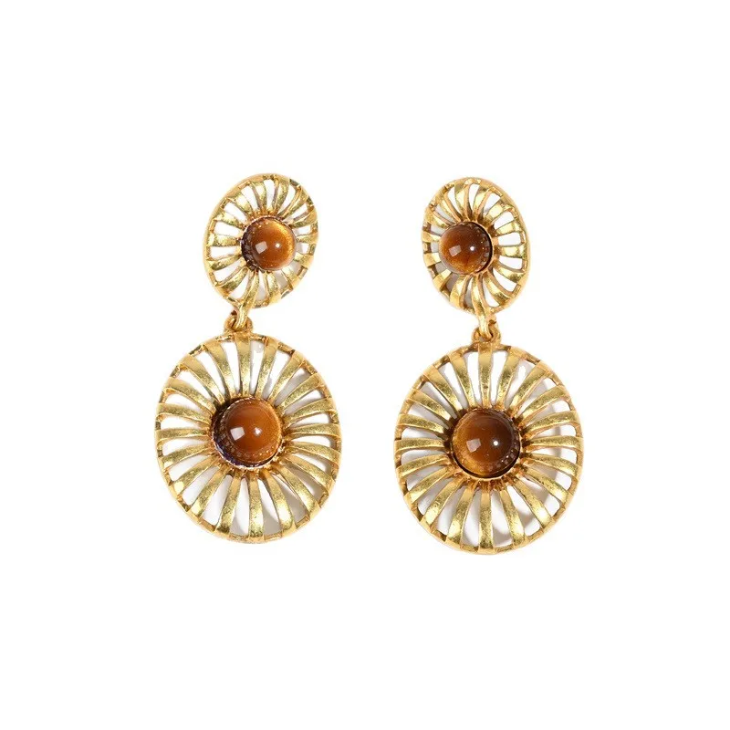 

Women's Vintage Tiger Eye Stone Hollow Geometric Round Drop Earrings Luxury Unique Design Ear Jewelry
