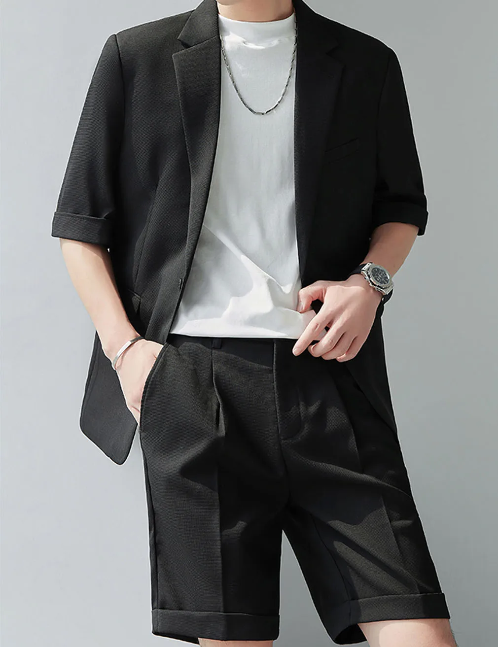 

Summer Men's Casual Suits Formal Blazer Slim Fit Short Sleeve Jacket Fashionable Business Casual Short sleeved jacket+ Shorts
