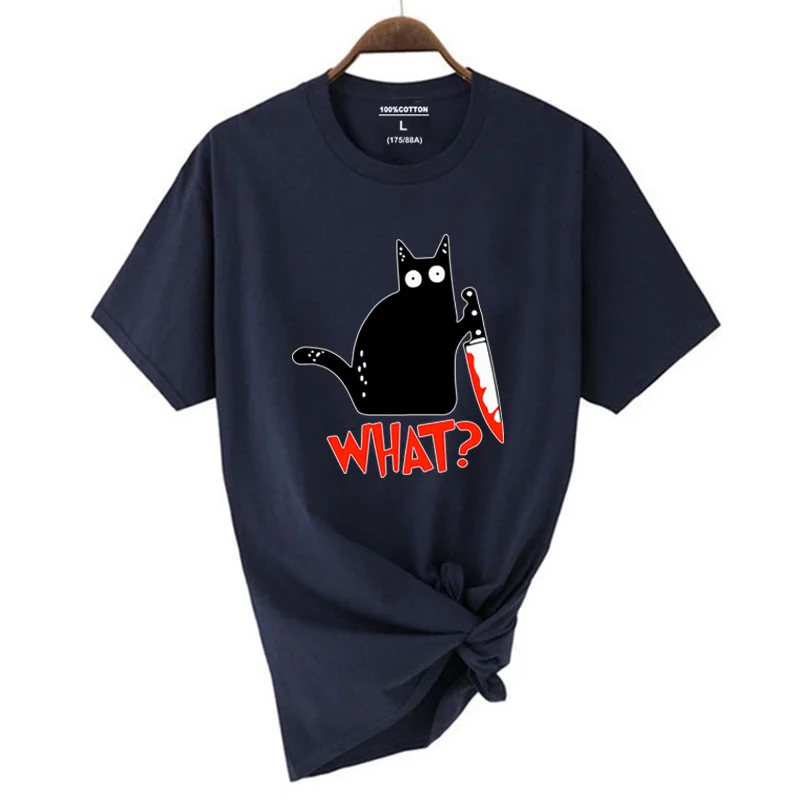 Kitchen Knife Black Cat Wha? Print Female Short Sleeve Fashion Breathable T-Shirts Summer Cool Tee Clothes Street Hip Hop Tops